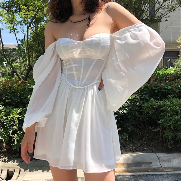 Chiffon Bubble Sleeve Bustier Corset Mini Dress - Picture 7 of 11